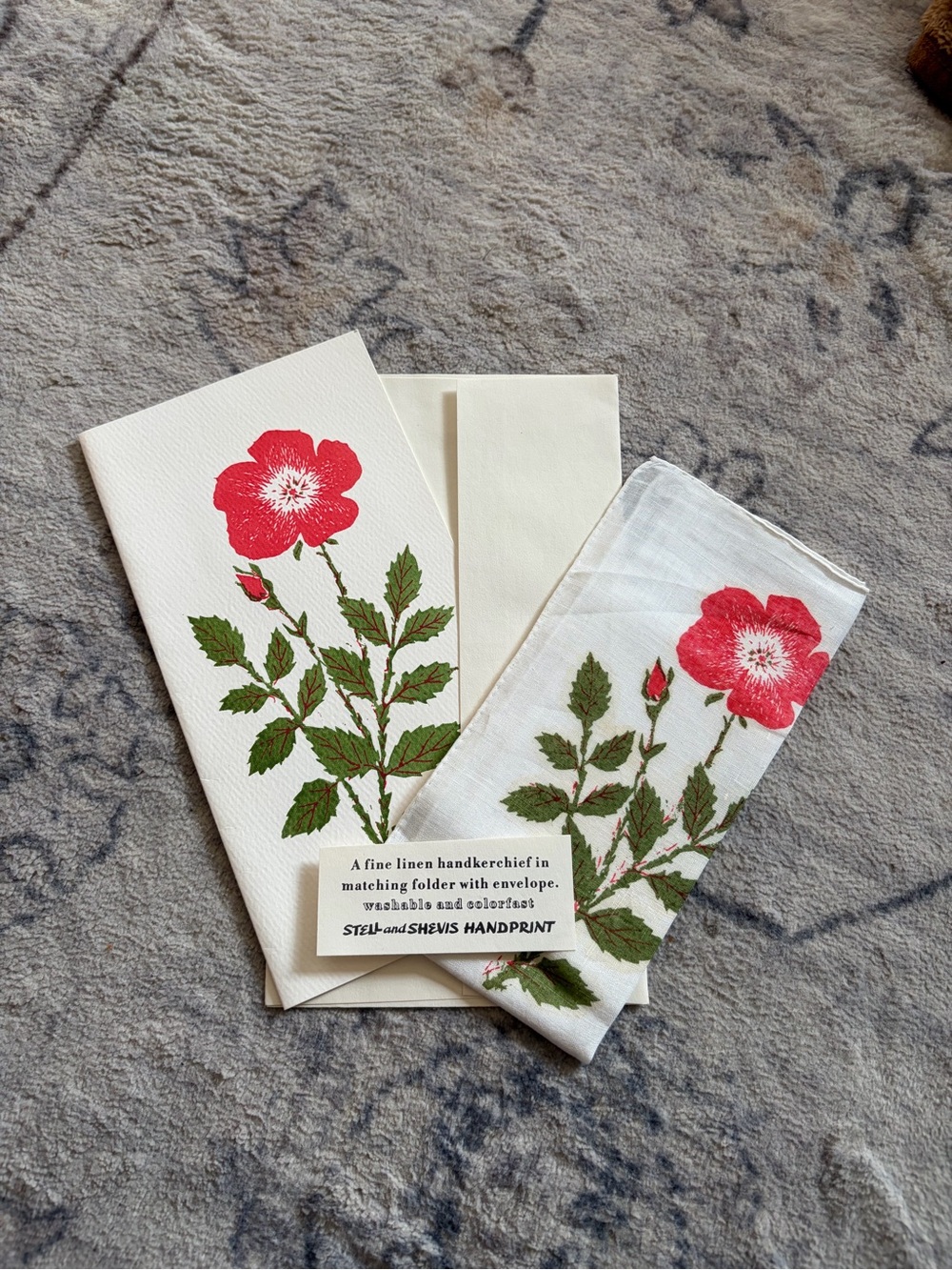 Stell and Shevis hand-block printed linen handkerchief and card set Vintage